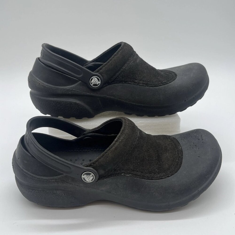 Crocs Womens Size 9 Troika Black Suede Slingback Slip On Comfort Rubber Clogs